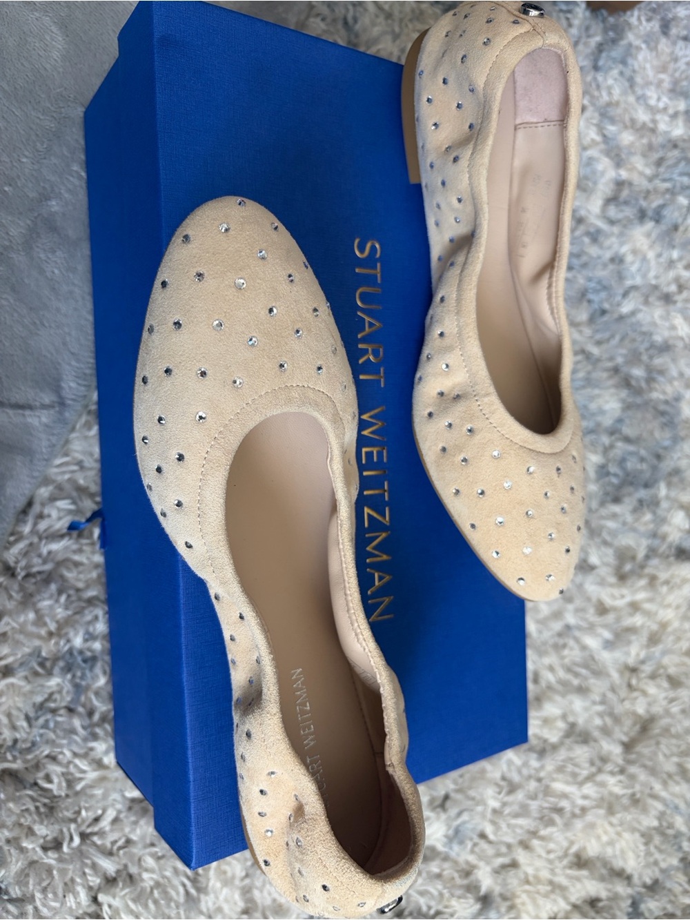 Stuart Weitzman Beige Crystal-Studded Ballet Flats